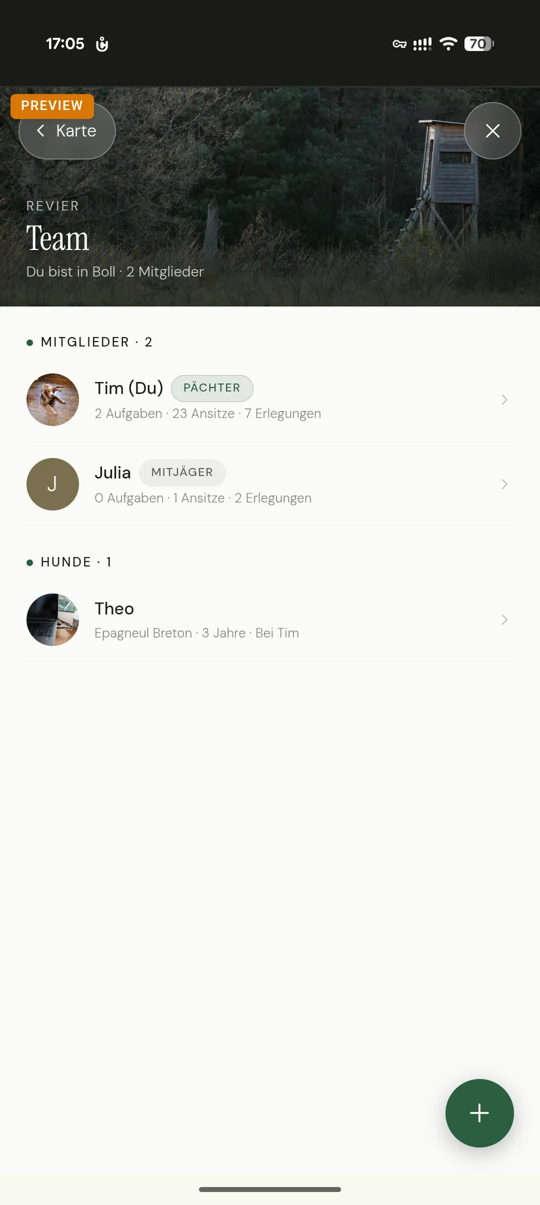 App-Screen „Team"