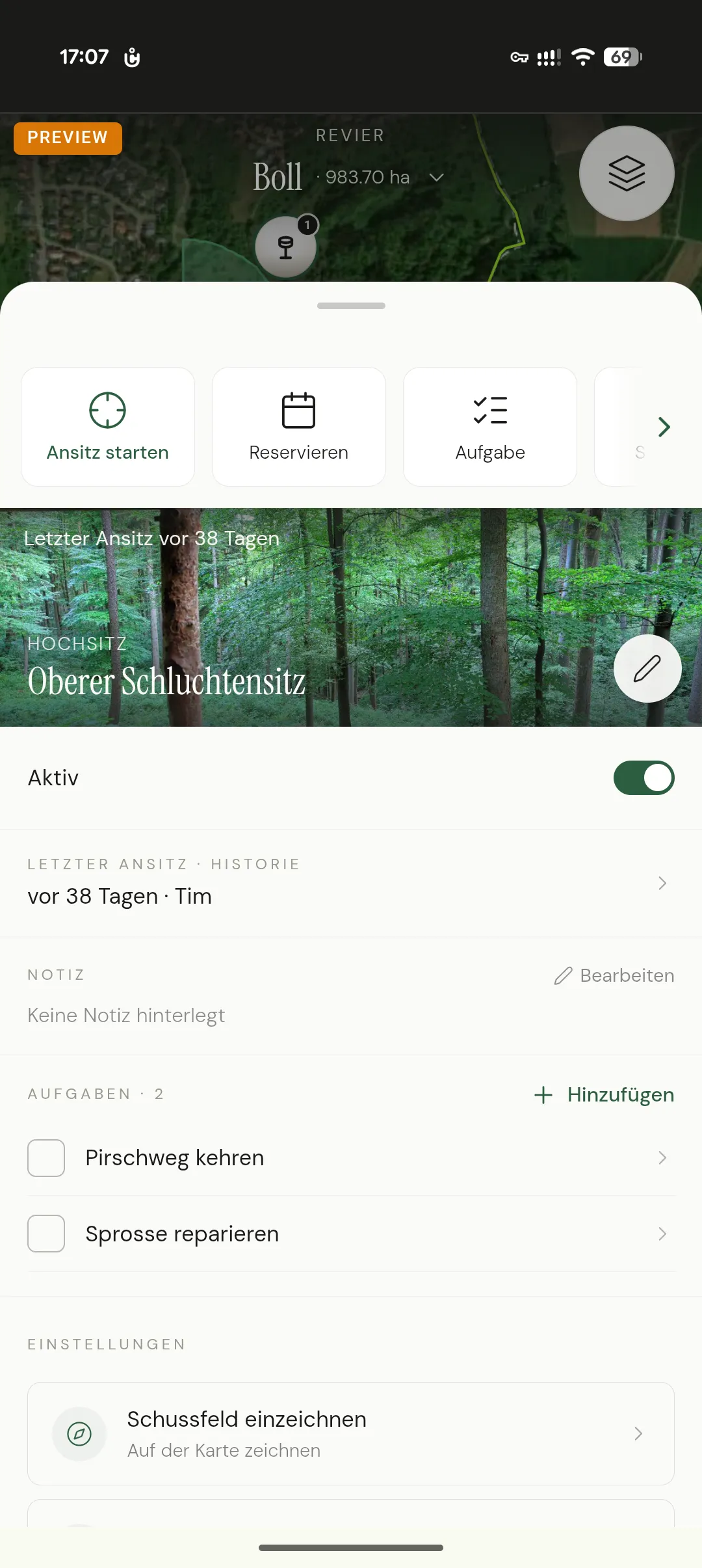 App-Screen „Aufgaben im Revier"
